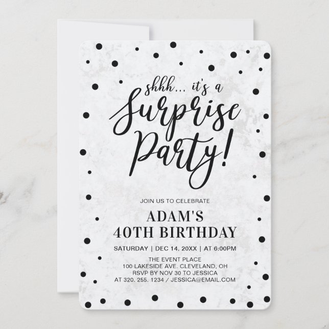 Schwarz und Marmor | Modern Surprise Birthday Part Einladung (Vorderseite)