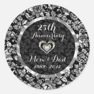 Schwarz und Metallic Silber 25. Hochzeitstag Runder Aufkleber