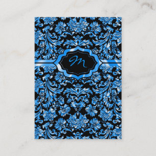 Schwarz und metallisch blau florale Damast-Monogra Visitenkarte