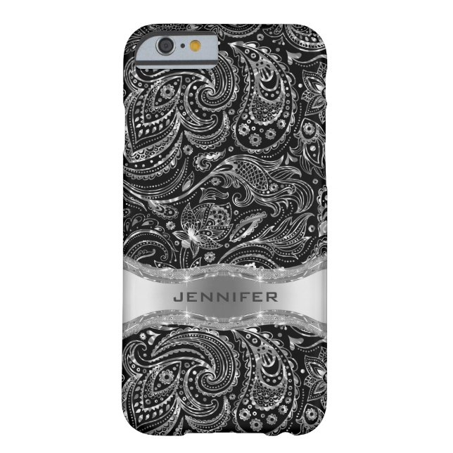 Schwarz und Metallisch Silber Floral Paisley Case-Mate iPhone Hülle (Rückseite)