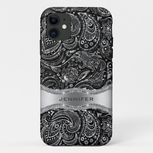 Schwarz und Metallisch Silber Floral Paisley Case-Mate iPhone Hülle (Rückseite)