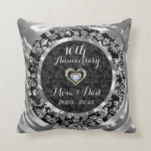 Schwarz und Metallisches Silber 10. Hochzeitstag Kissen