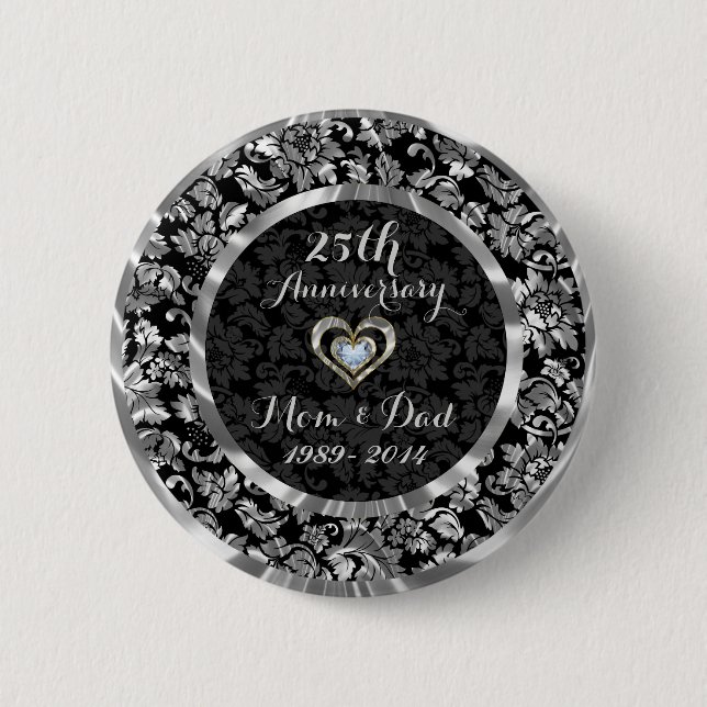 Schwarz und Metallisches Silber 25. Hochzeitstag Button (Vorderseite)