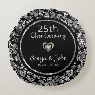 Schwarz und Metallisches Silber 25. Hochzeitstag Rundes Kissen