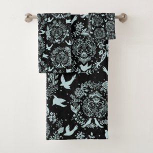 Schwarz und mintgrün floral und Vögel Badhandtuch Set