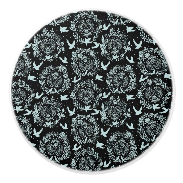 Schwarz und Minze Grüne Blüten und Vögel Keramikknauf (Vorderseite)