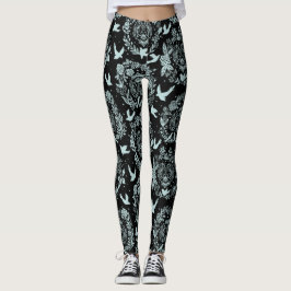 Schwarz und Minze Grüne Blüten und Vögel Leggings
