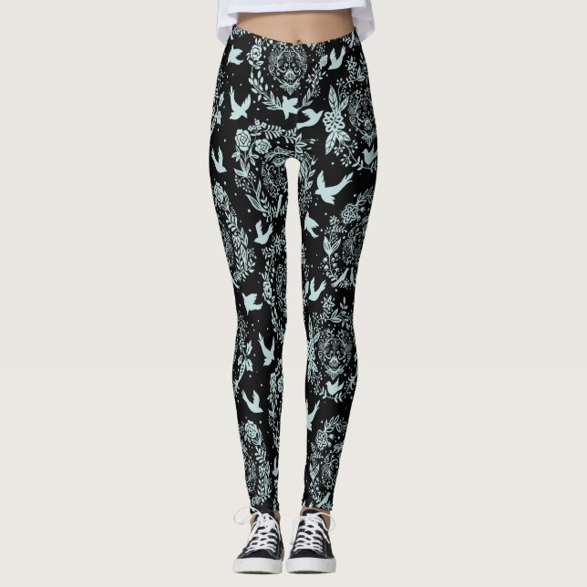 Schwarz und Minze Grüne Blüten und Vögel Leggings (Vorderseite)
