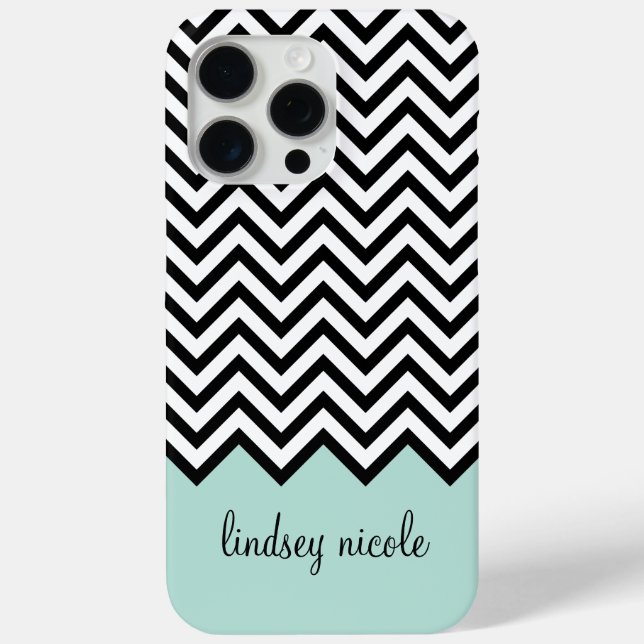 Schwarz und Minze Moderne Zickzack Monogramm Case-Mate iPhone Hülle (Rückseite)
