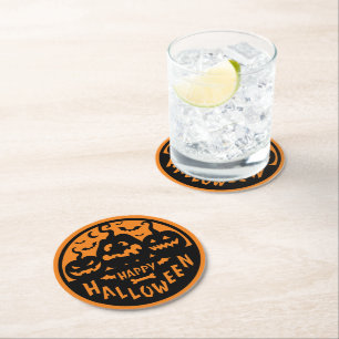 Schwarz und Orange Happy Halloween Runder Pappuntersetzer