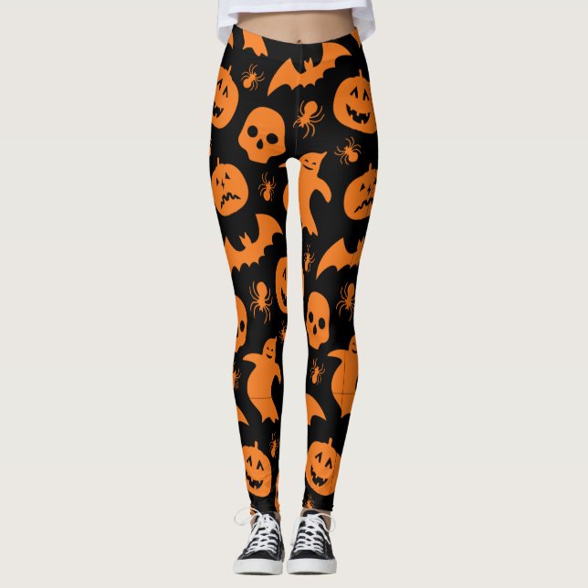 Schwarz und Orange Spooky Halloween Ghost, Pumpkin Leggings (Vorderseite)