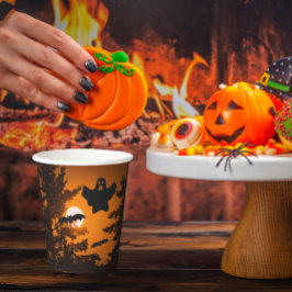 Schwarz und Orange Spooky Halloween Night Szene Pappbecher