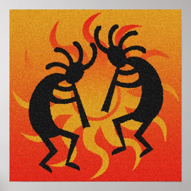 Schwarz und Orange Südwest Kokopelli Stammesonne Poster (Vorne)