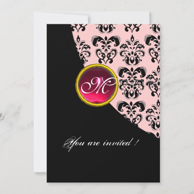 SCHWARZ- UND PINK-DAMASK-MONOGRAMM, rote Rubine Einladung (Vorderseite)
