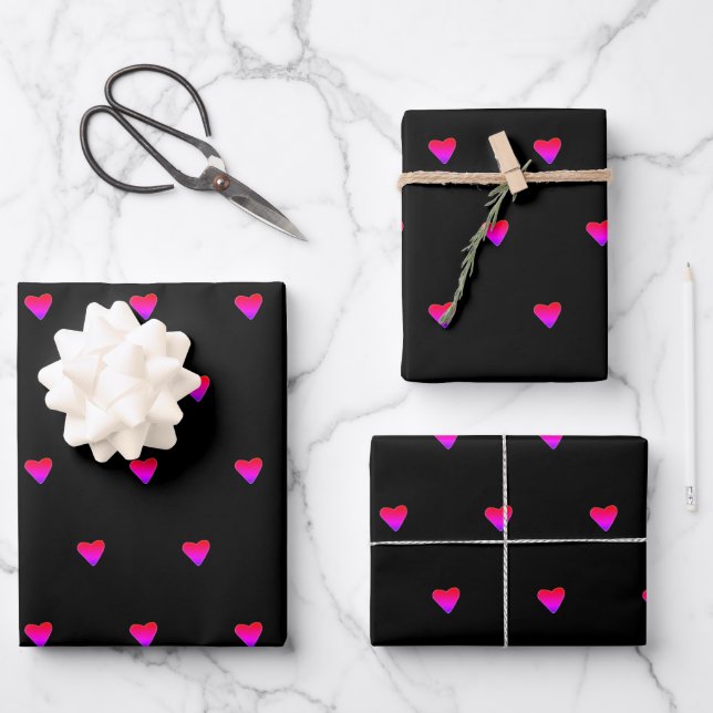 Schwarz und Retro rosa Niedliche, schmale Herzen M Geschenkpapier Set (Vorderseite)