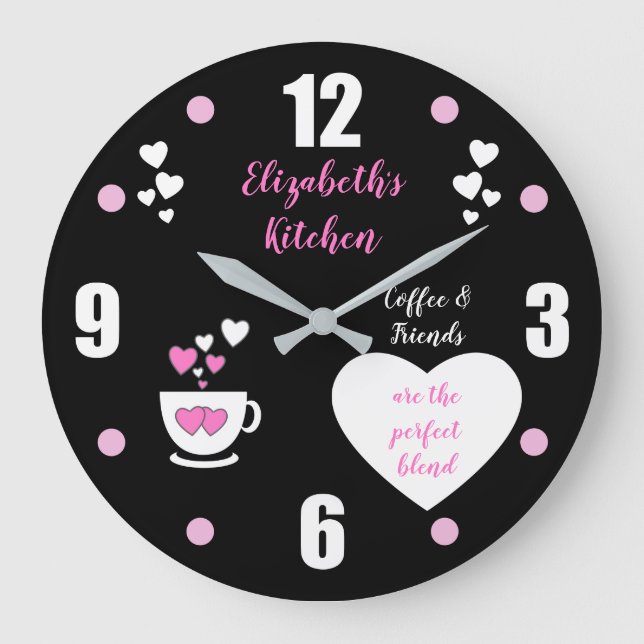 Schwarz und Rosa mit einer Kaffeetasse Herz und ei Große Wanduhr (Vorderseite)