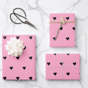 Schwarz und Rosa Niedliche, farbige Herzen Minimal Geschenkpapier Set