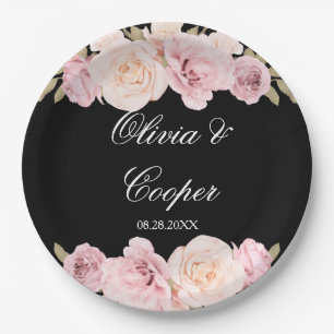 Schwarz und Rosa Rosen Chic Wedding Pappteller
