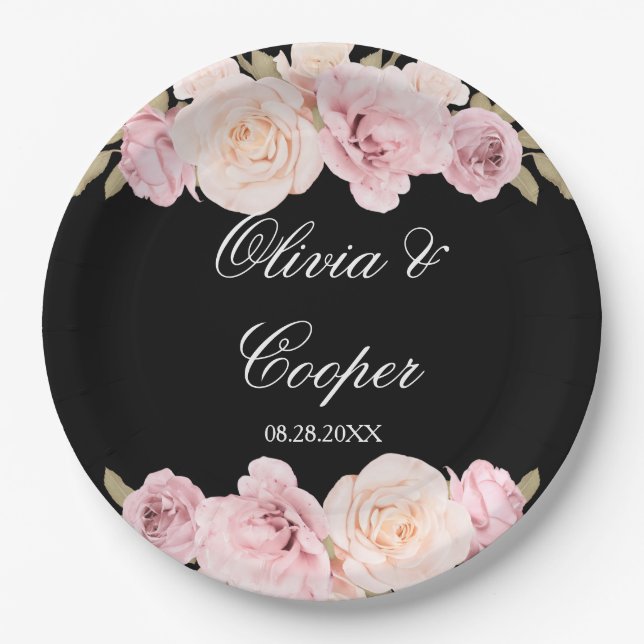 Schwarz und Rosa Rosen Chic Wedding Pappteller (Vorderseite)