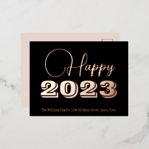 Schwarz und Rose Gold Foil Happy New Year 2023 Folien Feiertagspostkarte