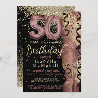 Schwarz und Rose Gold Glitzer 50. Geburtstag Einladung