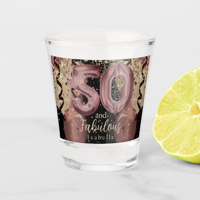 Schwarz und Rose Gold Glitzer 50. Geburtstag Schnapsglas (Vorderseite)