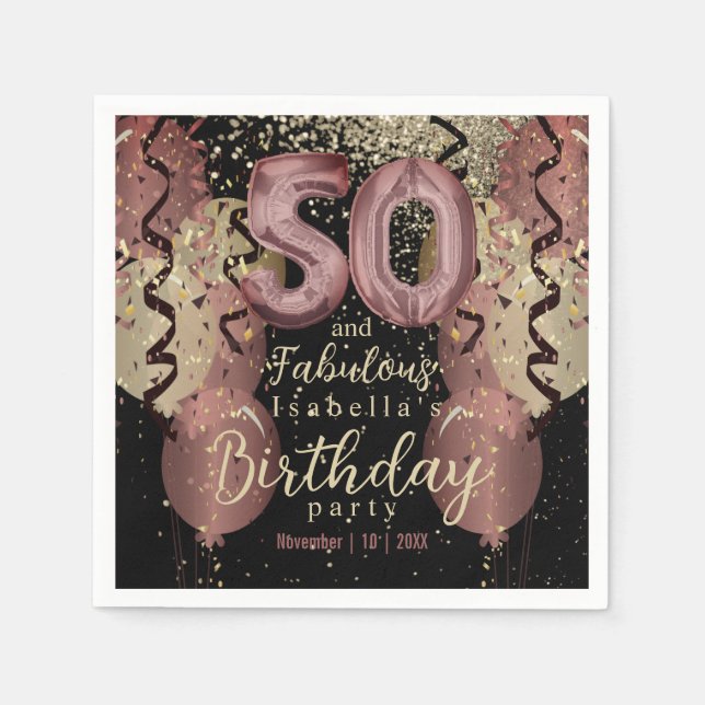 Schwarz und Rose Gold Glitzer 50. Geburtstag Serviette (Vorderseite)