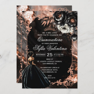 Schwarz und Rose Gold Quinceañera Einladung