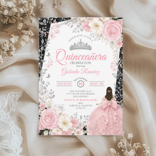 Schwarz und Rosé Quinceañera Silber Schmetterling Einladung