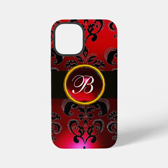 SCHWARZ UND ROT BURGUNDY DAMASK MONOGRAM, Ruby iPhone Hülle (Rückseite)