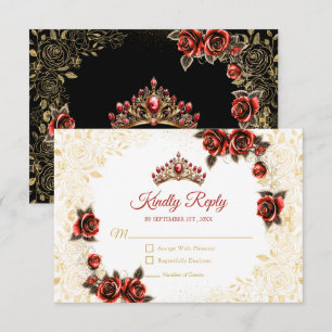 Schwarz und Rot Goldene Tiara Florale Rose Quincea RSVP Karte