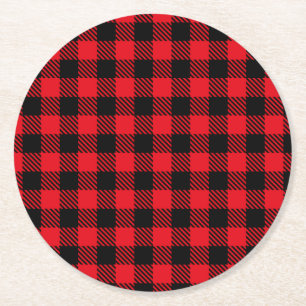 Schwarz und Rot Kariert Runder Pappuntersetzer