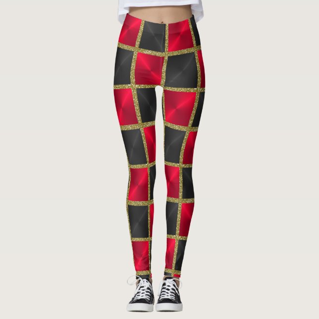 Schwarz und Rot mit Goldplätzen Leggings (Vorderseite)