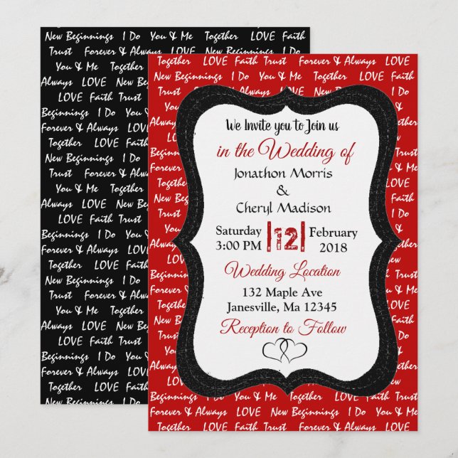 Schwarz und Rot Moderne romantische Hochzeitseinla Einladung (Vorne/Hinten)