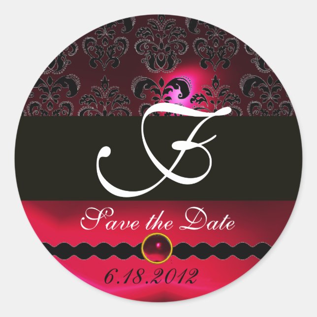 SCHWARZ UND ROT RUBY DAMASK MONOGRAM, burgund Runder Aufkleber (Vorderseite)