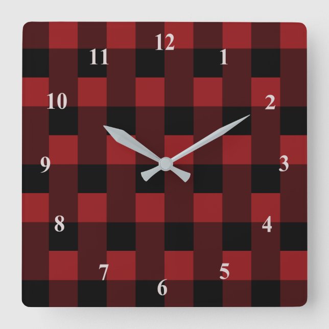 Schwarz und Rot überprüft -  Quadratische Wanduhr (Vorderseite)