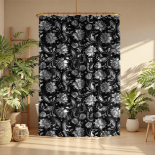 Schwarz und Shiny Silver Tones Floral Damasks Duschvorhang
