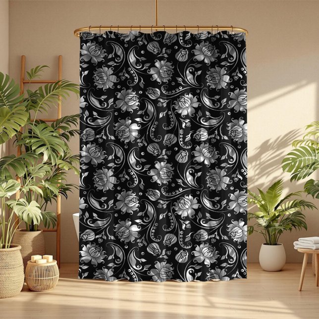 Schwarz und Shiny Silver Tones Floral Damasks Duschvorhang (Von Creator hochgeladen)