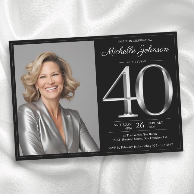 Schwarz und Silber 40. Geburtstag Einladung (Black and Silver 40th Birthday Invitation)