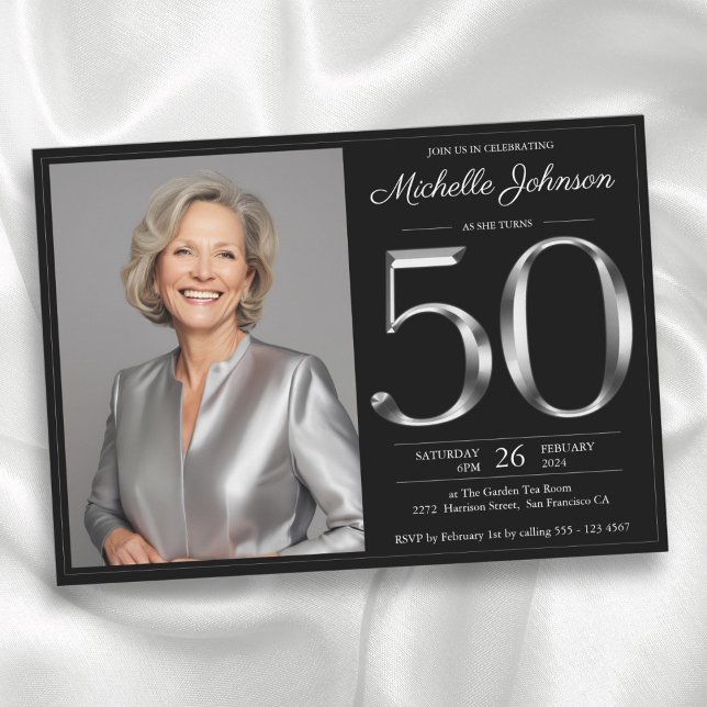 Schwarz und Silber 50. Geburtstag Einladung (Black and Silver 50th Birthday Invitation)