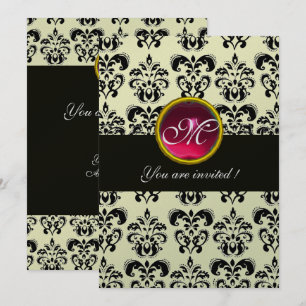 SCHWARZ- UND SILBER-DAMASK-MONOGRAMM, rot, rubinwe Einladung