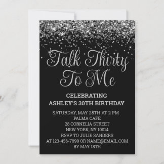 Schwarz und Silber Glitter 30. Geburtstag Talk Thi Einladung