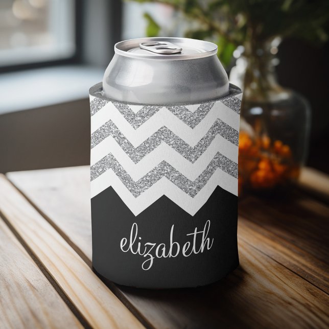 Schwarz und Silber Glitzer Druckköpfe und Name Dosenkühler (Celebrate with a personalized can cooler - add your name. Great party favor or gift)