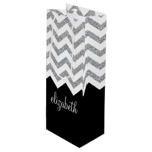 Schwarz und Silber Glitzer Druckköpfe und Name Geschenktüte Für Weinflaschen