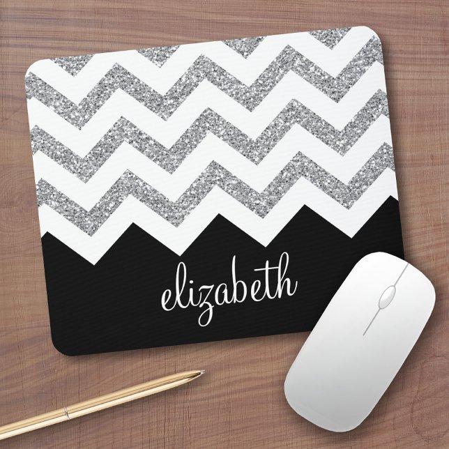 Schwarz und Silber Glitzer Druckköpfe und Name Mousepad (Personalized mousepad - Add Photos and Custom Text)