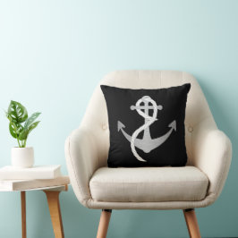 Schwarz und Silber Modernes Nautical Anchailing Kissen