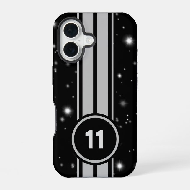 Schwarz und Silber Racing Stripes Starlight iPhone 16 Hülle (Rückseite)