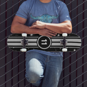 Schwarz und Silber Racing Stripes Starlight Skateboard