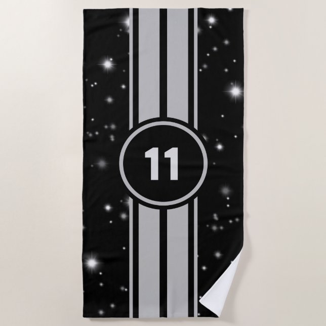 Schwarz und Silber Racing Stripes Starlight Strandtuch (Vorderseite)