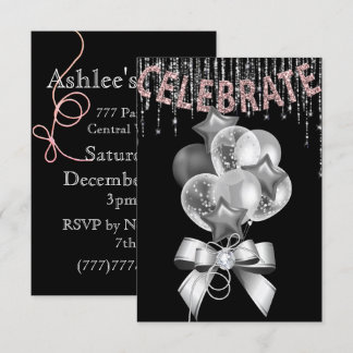 Schwarz und Silberrosa mit Balloons Girl-Party Einladung